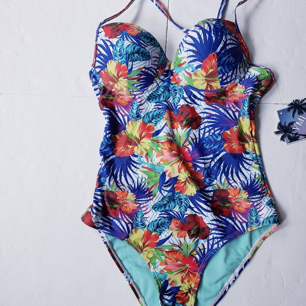 YMI Hawaiian Tropical Floral Racerback Push Up Cap One Piece Swimsuit - Picture 2 of 13